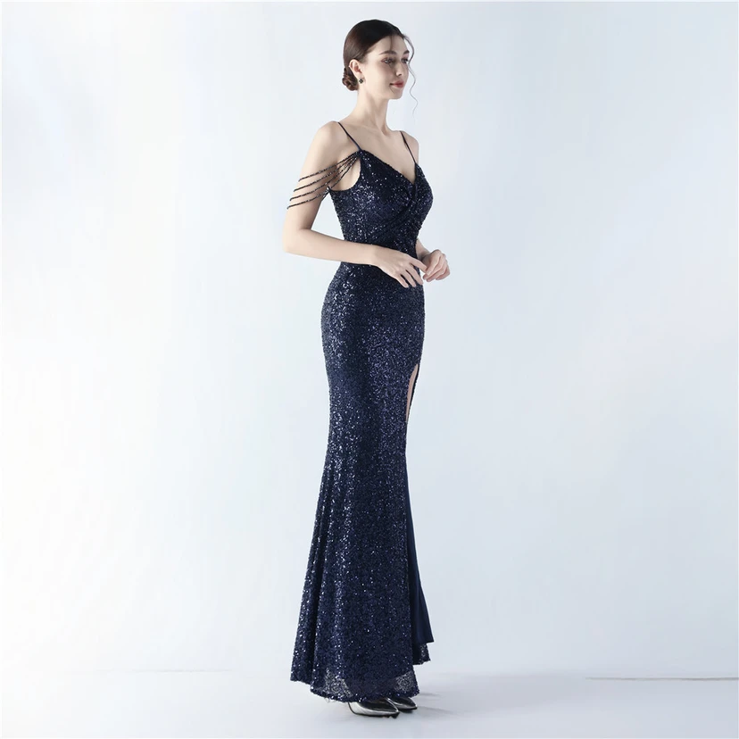 Robe de soirée sexy à bretelles et fente haute, ornée de perles et de perles artisanales. view 31