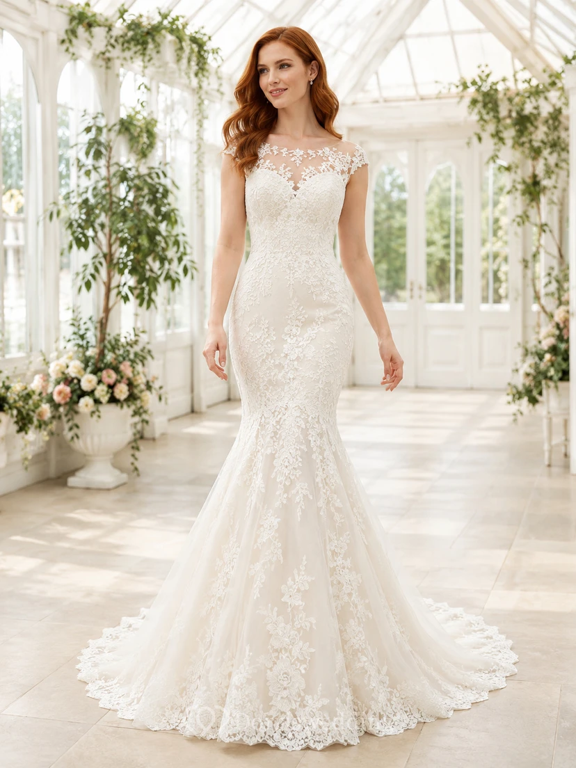 Robe de mariée sirène romantique à manches bateau et boutons en dentelle