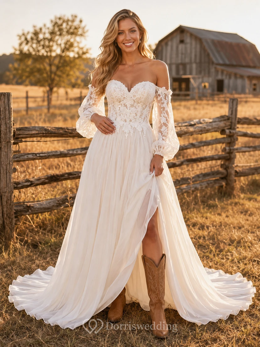 Maternity Wedding Dress Off Shoulder A-Line Tulle Gown with Lace Bodice and Sweep Train