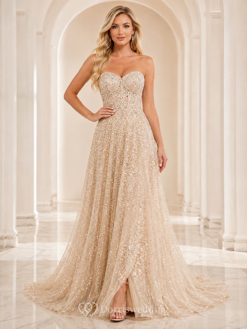 Champagne Sweetheart Sleeveless Sequins A-Line Floor-length Sparkle Gala Dress