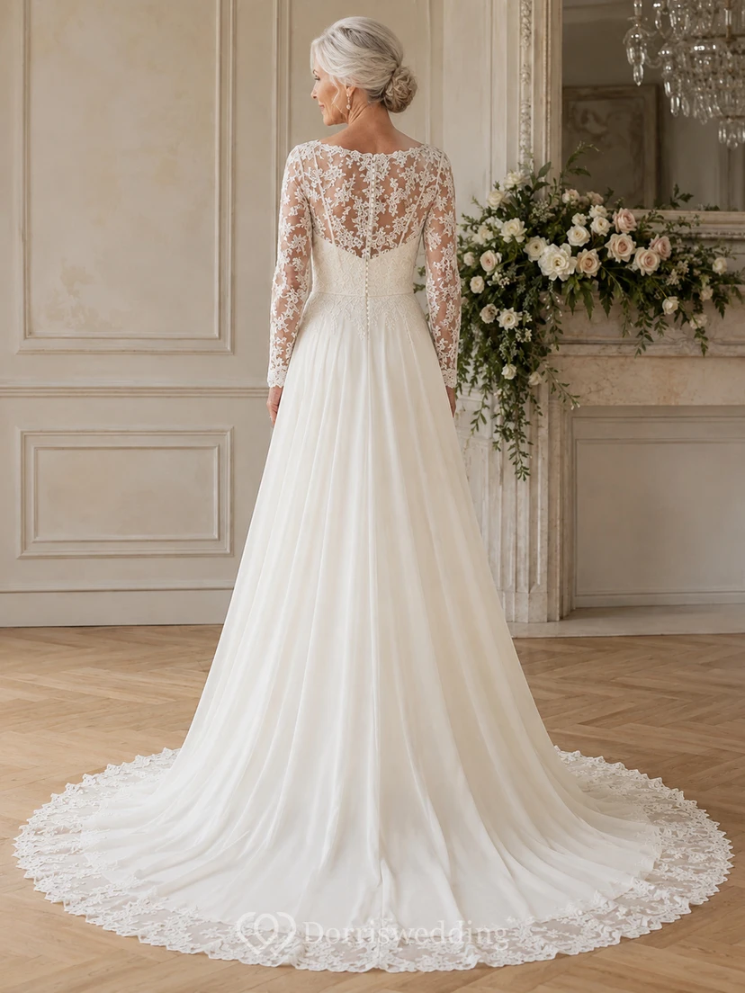 Modest Long Sleeve Lace A-Line Older Brides Wedding Dress with Illusion Back view 2