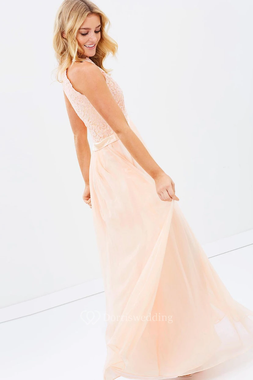 Ärmelloses, appliziertes Brautjungfernkleid aus Chiffon in Rosé mit Rundhalsausschnitt und Schleife view 6