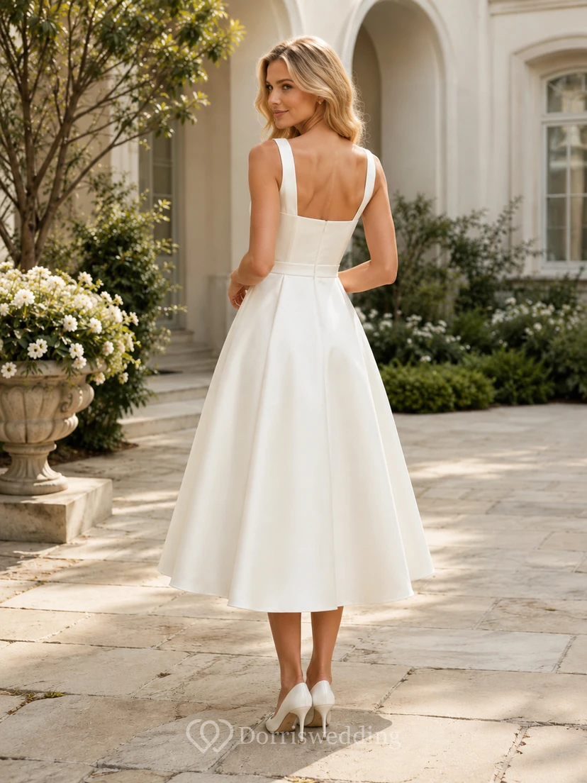 Vintage Brautkleid aus Satin, A-Linie, eckiger Ausschnitt, ärmellos, wadenlang view 2