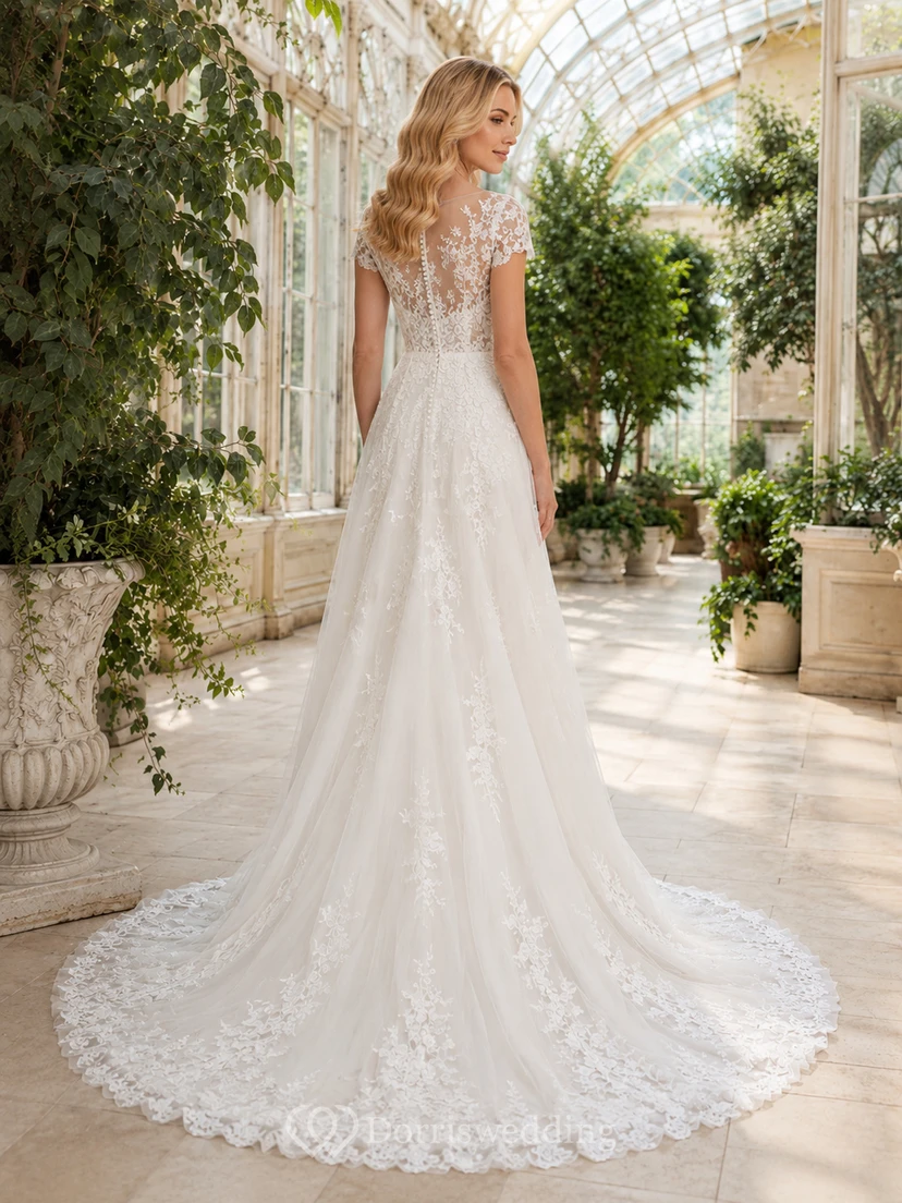 Robe de mariée romantique longue jusqu'au sol, coupe trapèze, manches courtes, en dentelle, traîne chapelle, style jardin view 2