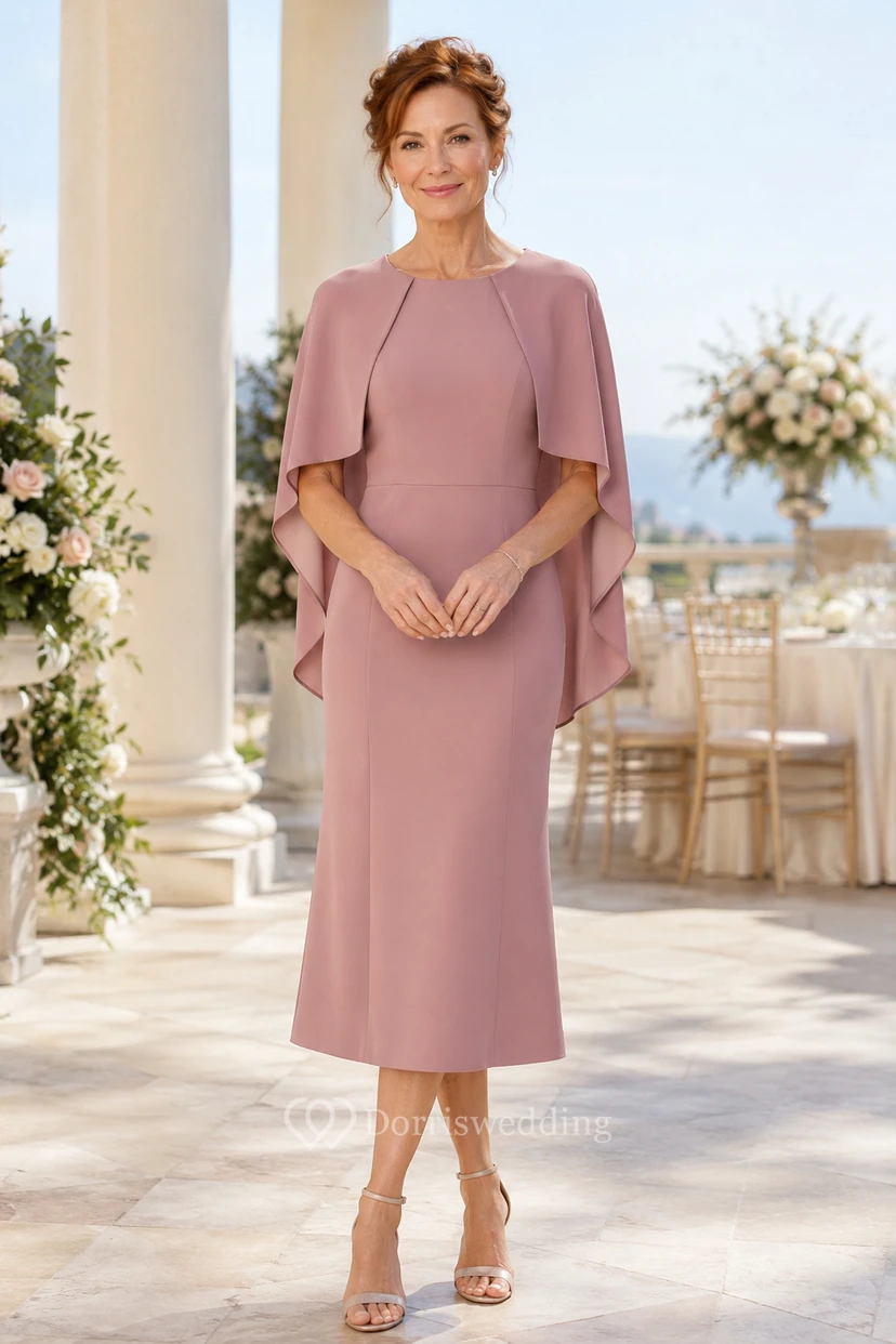 MOB-Kleid aus altrosafarbenem Chiffon-Jersey, Etuikleid, lange Ärmel, U-Boot-Ausschnitt, knielang, Cape-Ärmel-Detail