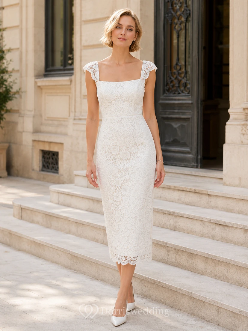 Midi-Kleid aus Spitze mit quadratischem Ausschnitt, kurzen Ärmeln und Spitze für standesamtliche Hochzeiten