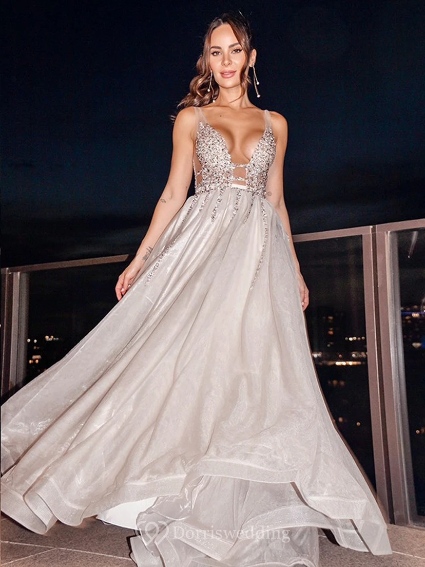 Sexy Sleeveless Silver Empire Prom Low-v Back Dress with Beaded Top
