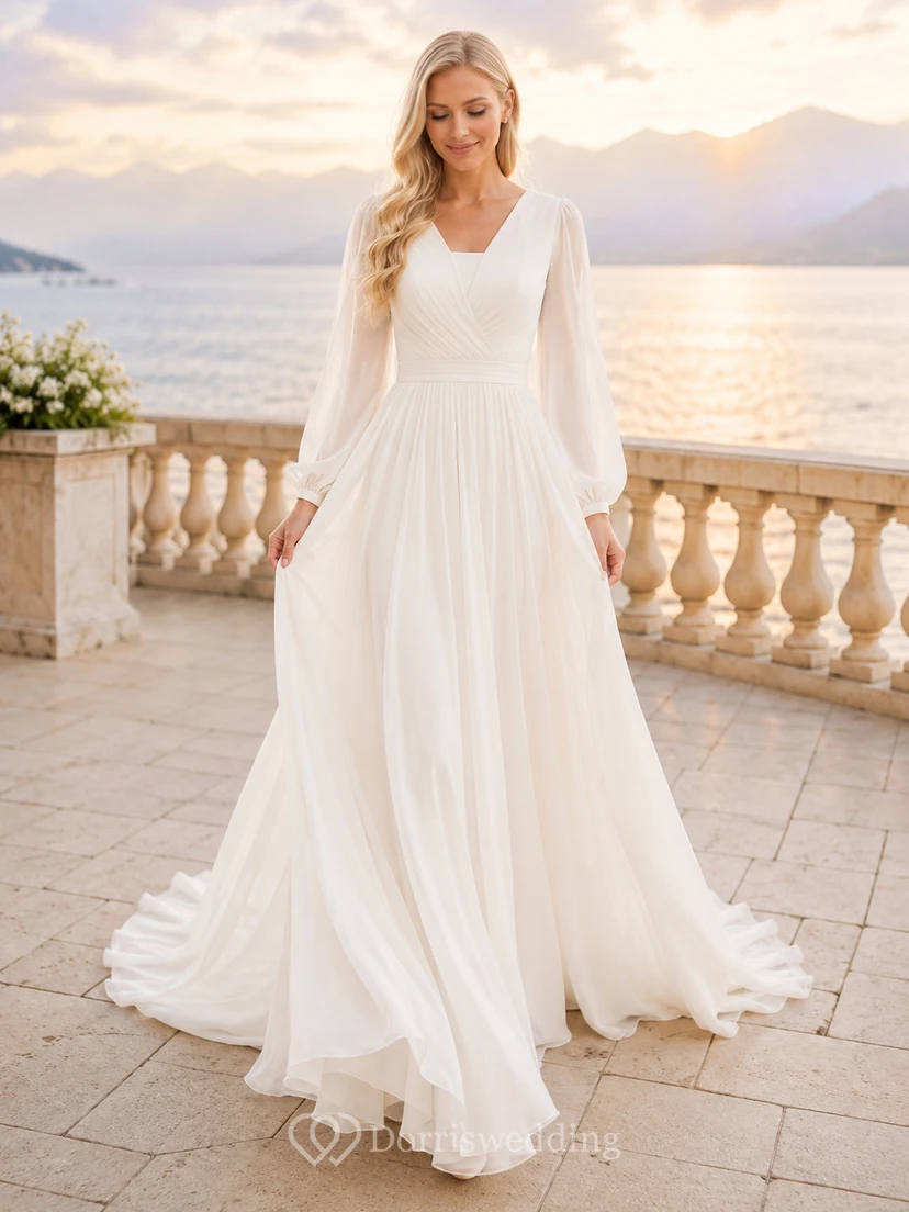 Vestido de novia de gasa con escote en V, corte imperio, manga larga abullonada, estilo corte A, cola de la corte.