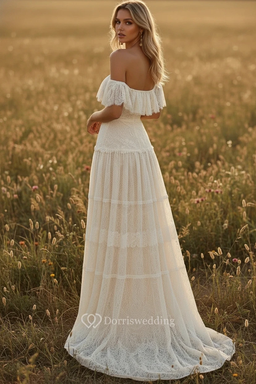 Boho Off-the-Shoulder Lace Vintage Wedding Dress with Layered Skirt view 2