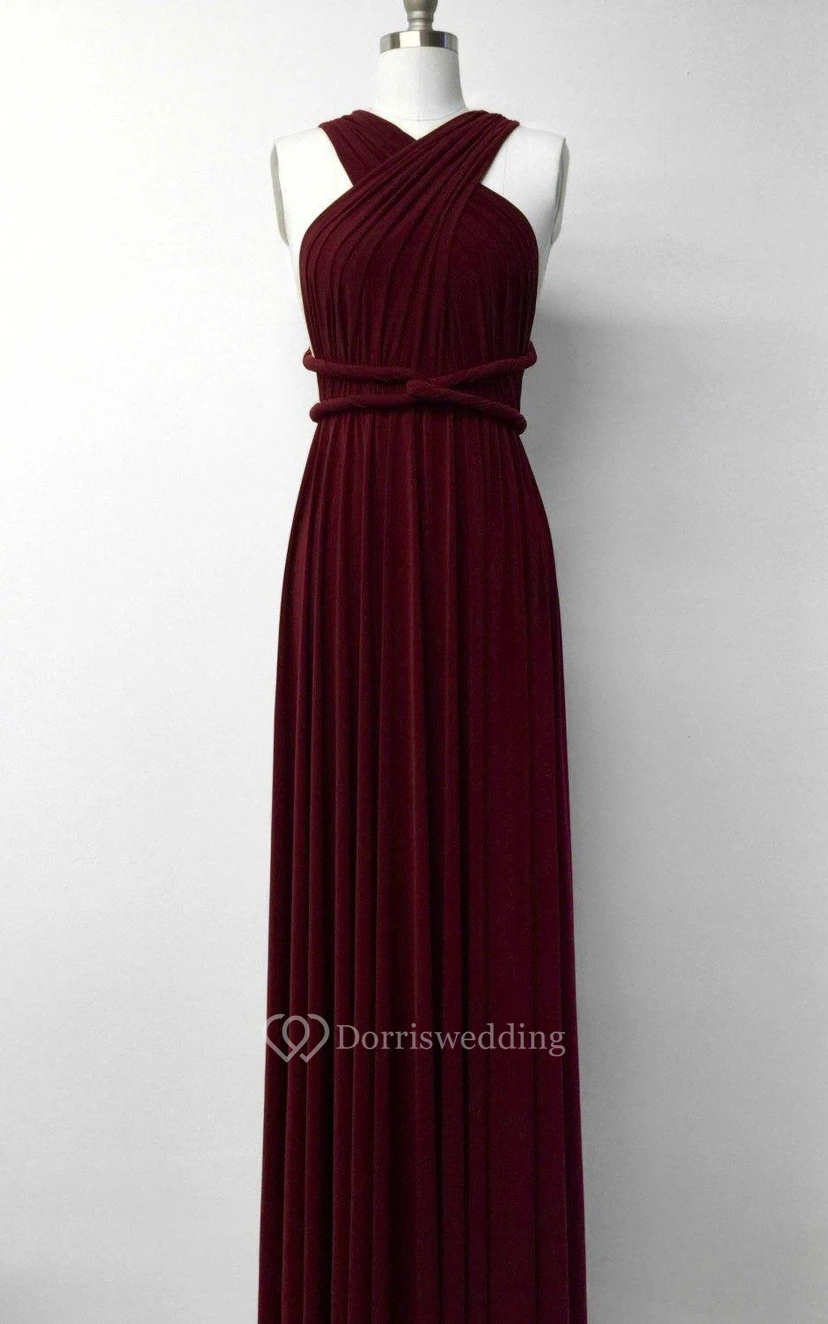Burgunderrotes, bodenlanges Ballkleid mit Infinity-Effekt, wandelbar, vielseitig tragbar, als Wickelkleid für Brautjungfern und Partys