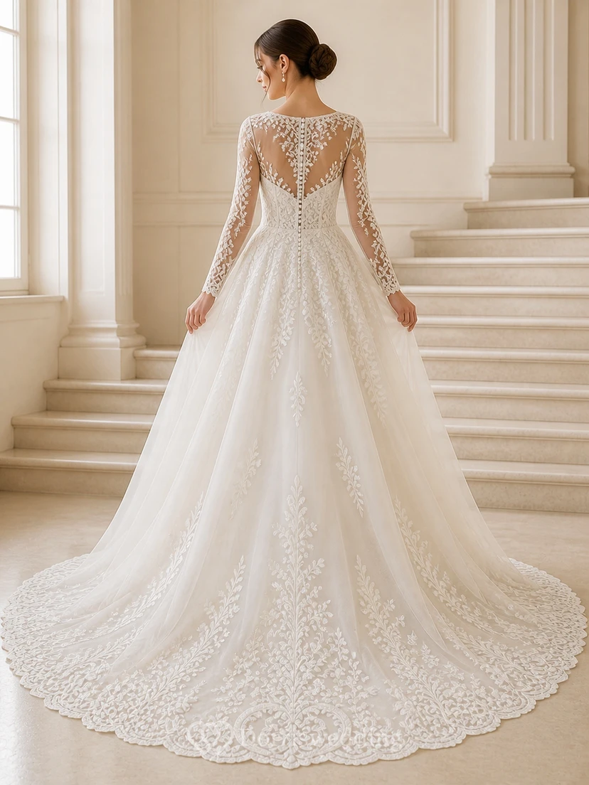 Elegante vestido de novia catedral de corte A con mangas largas y apliques de barco. view 2