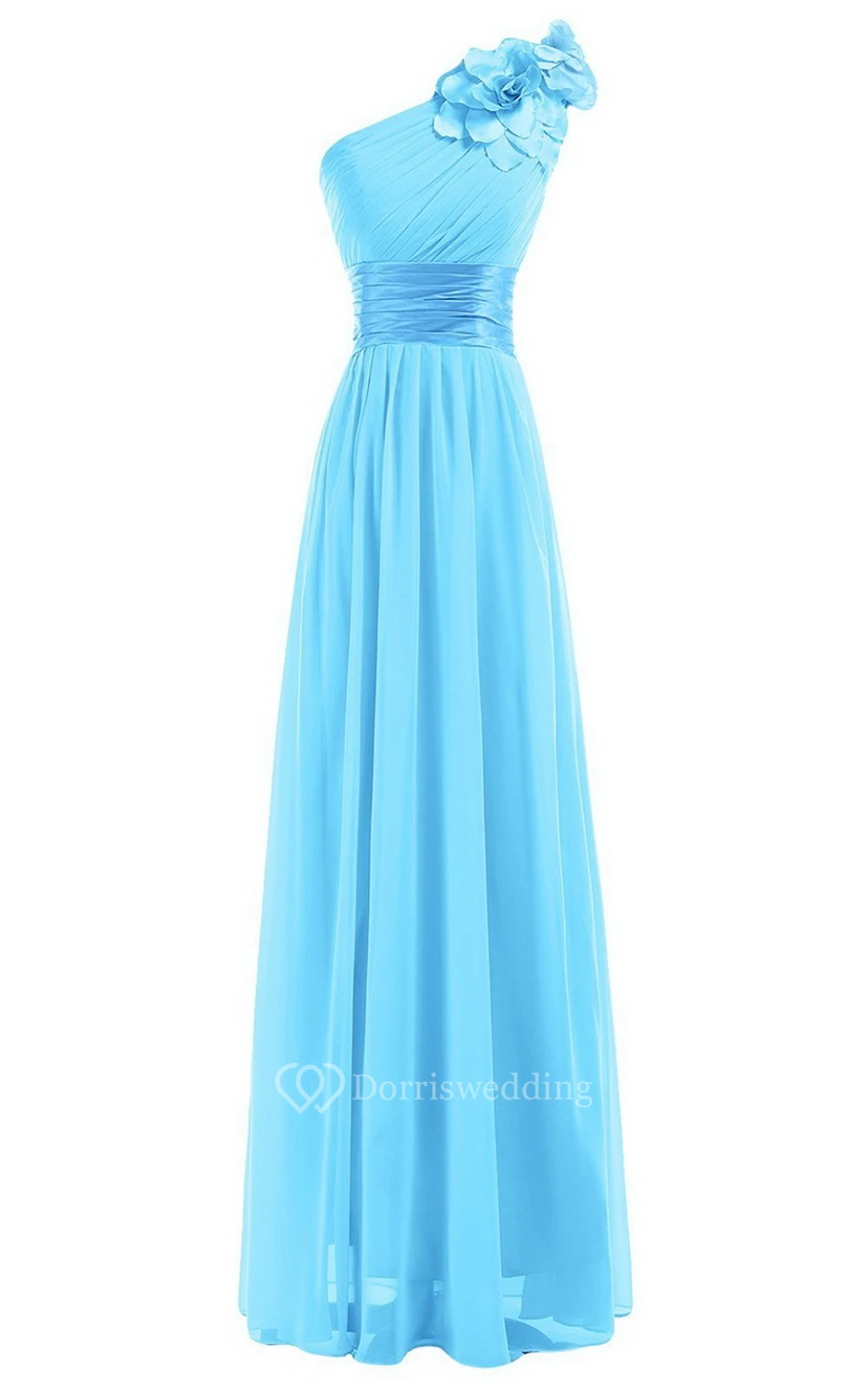 Einseitig schulterfreies Empire-Chiffonkleid mit Blume view 11
