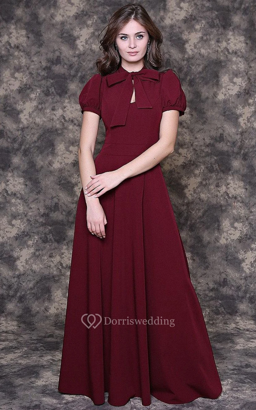 Langes Jerseykleid in A-Linie mit Schleifenkragen, Puffärmeln und Schlüssellochausschnitt view 2
