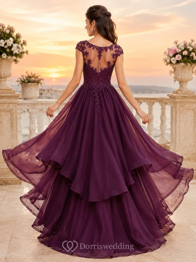 Plum V-Neck Short Sleeve Tiered Tulle High-Low Prom Dress view 2