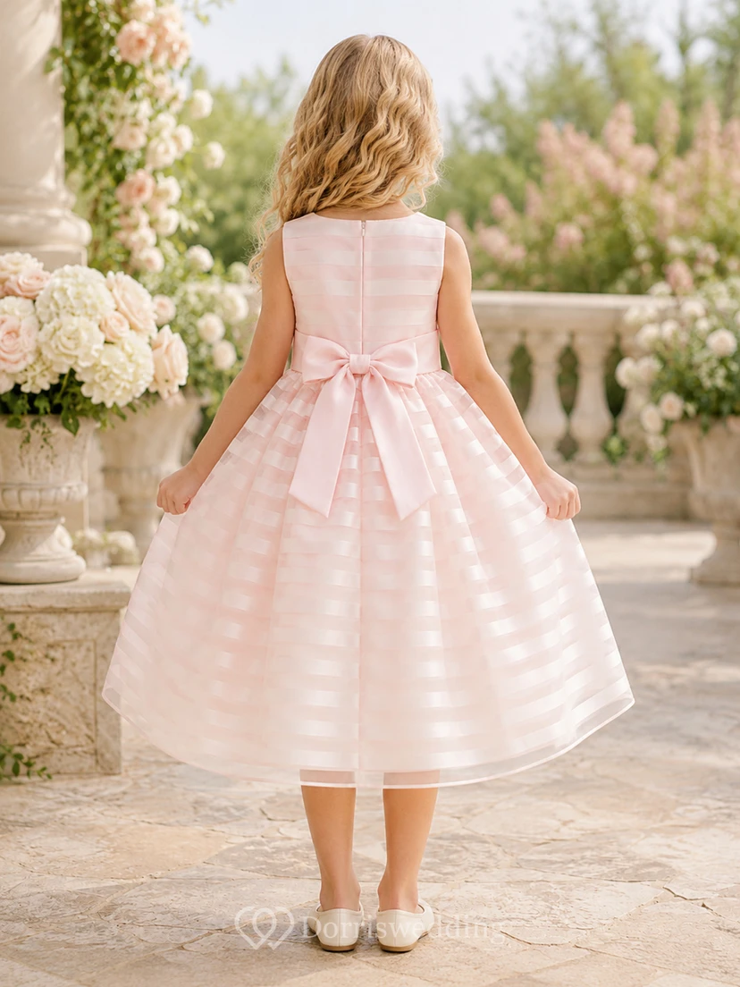 Pearl Pink Striped Organza A-Line Flower Girl Dress, Sleeveless Square Neck, Bow Sash, Tea-Length Garden view 2