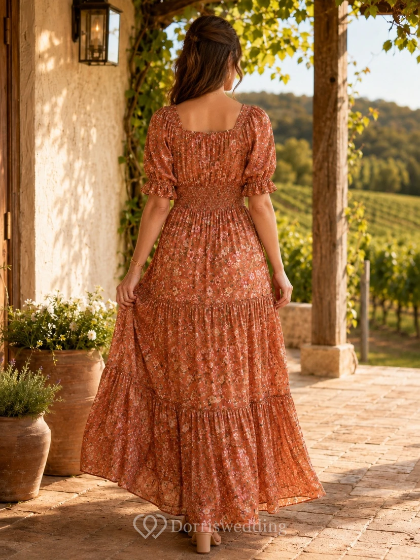 Vestido largo escalonado de manga corta con escote en V y estampado floral color óxido view 2