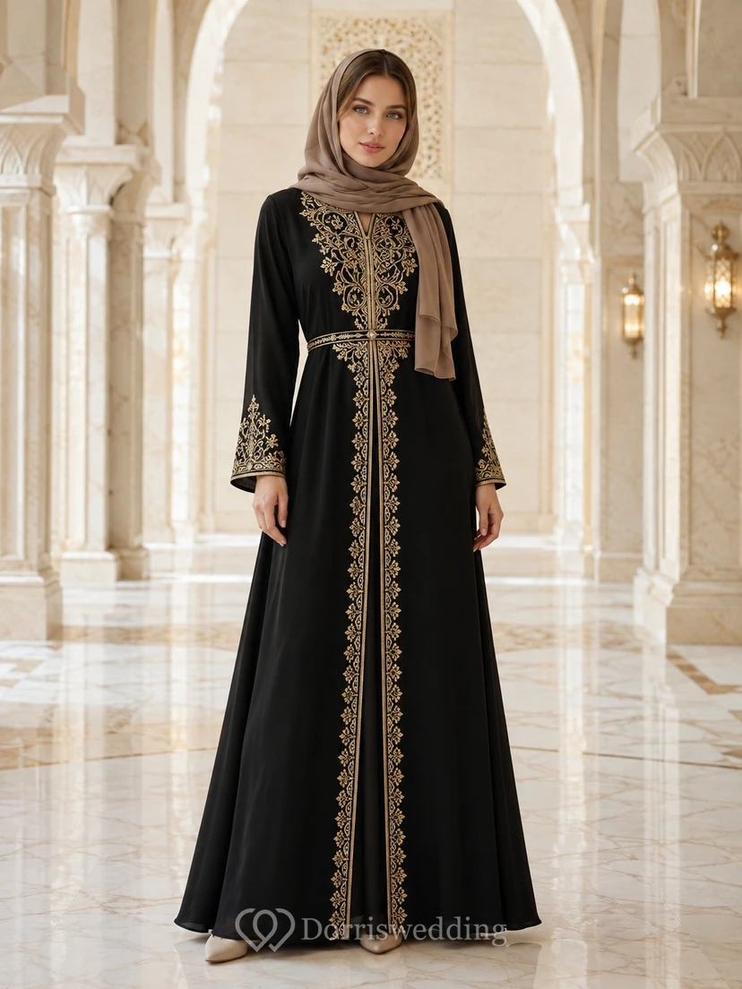 Black Jersey High Neck Long Sleeve Embroidered Modest Maxi Dress