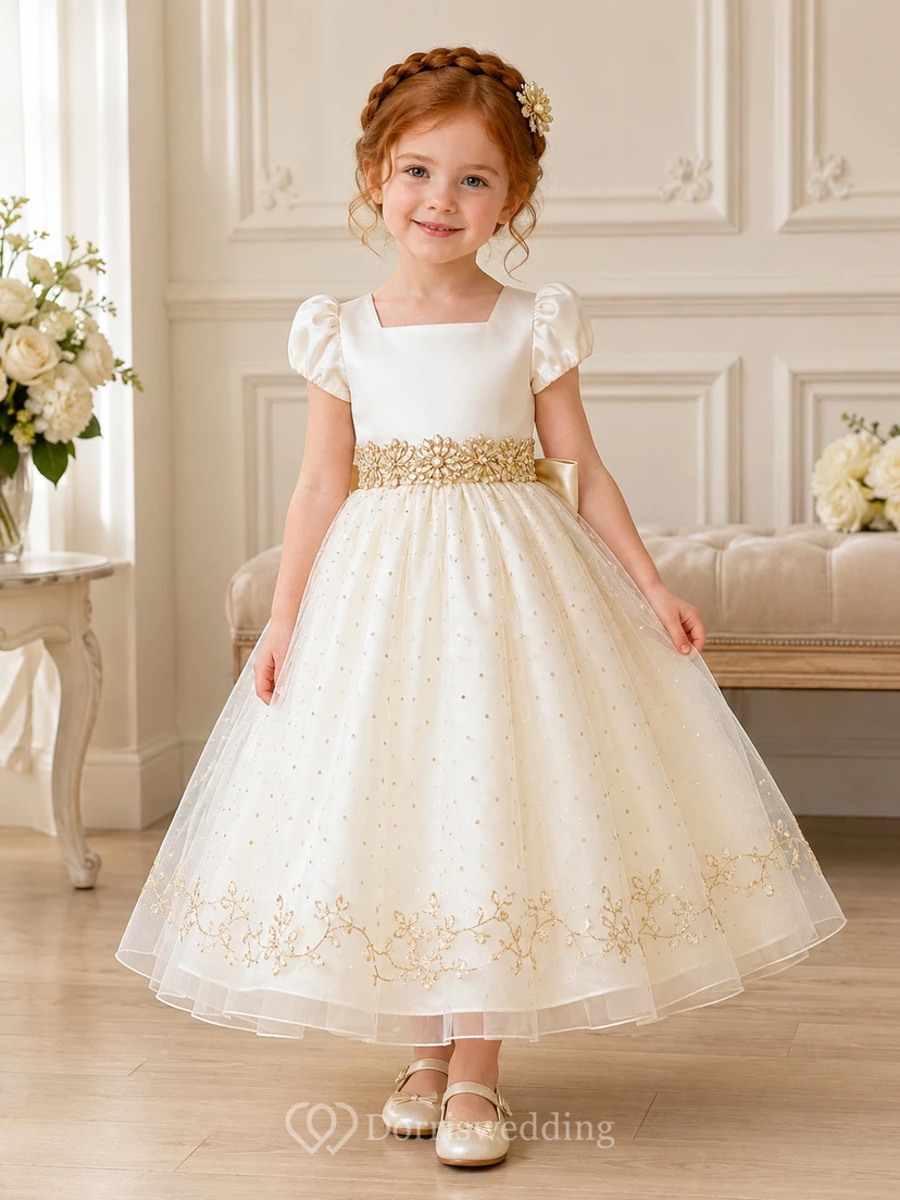 Champagne Gold Tulle A-Line Flower Girl Party Dress with Puff Sleeves Floral Appliques and Bow