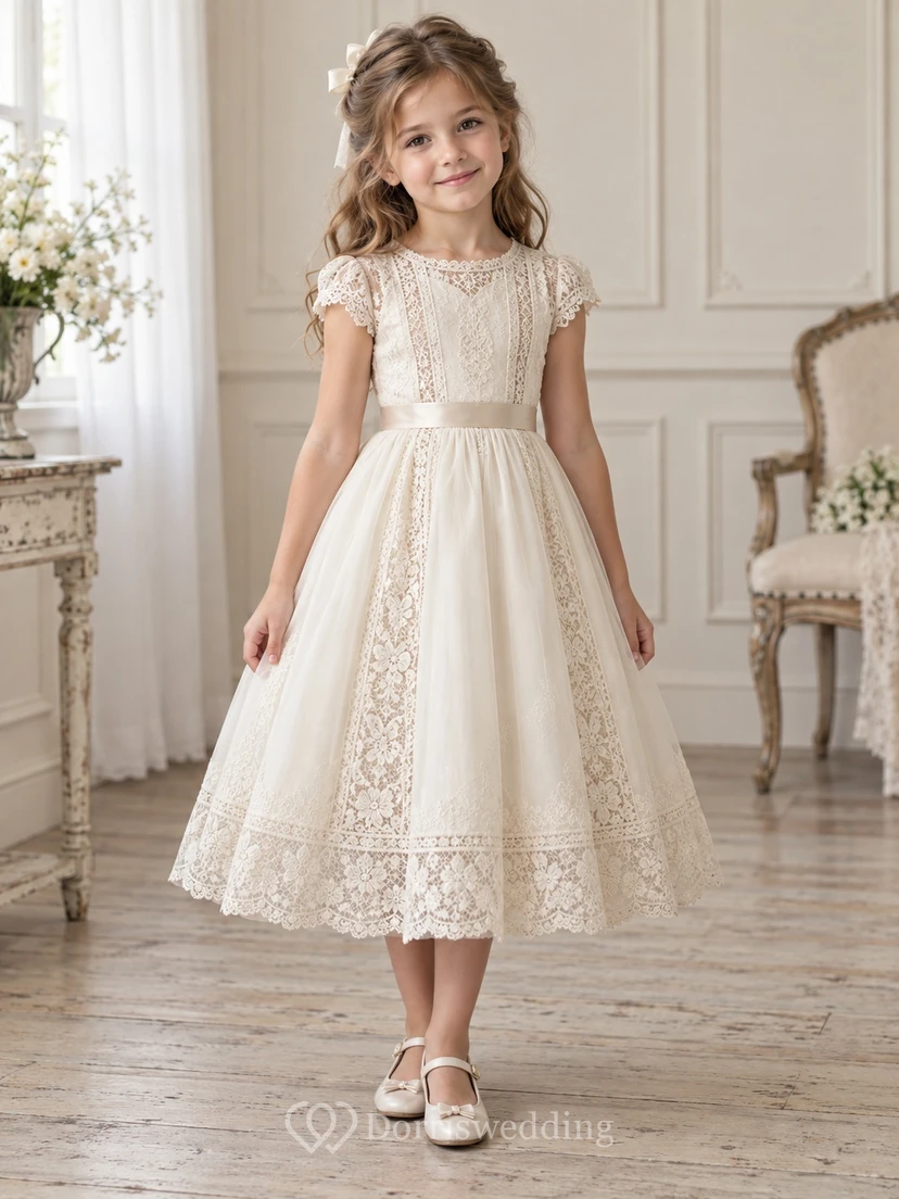 Vestido de niña de flores vintage color marfil, corte en A, manga corta con encaje, paneles insertados y lazo en la espalda.