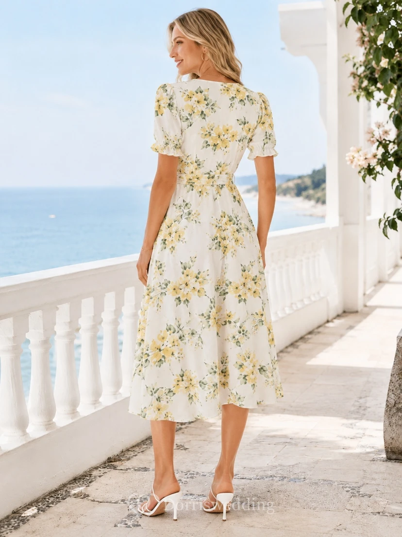 Weiß-gelbes, geblümtes Chiffon-Gästekleid mit V-Ausschnitt, kurzen Ärmeln und Teelänge view 2