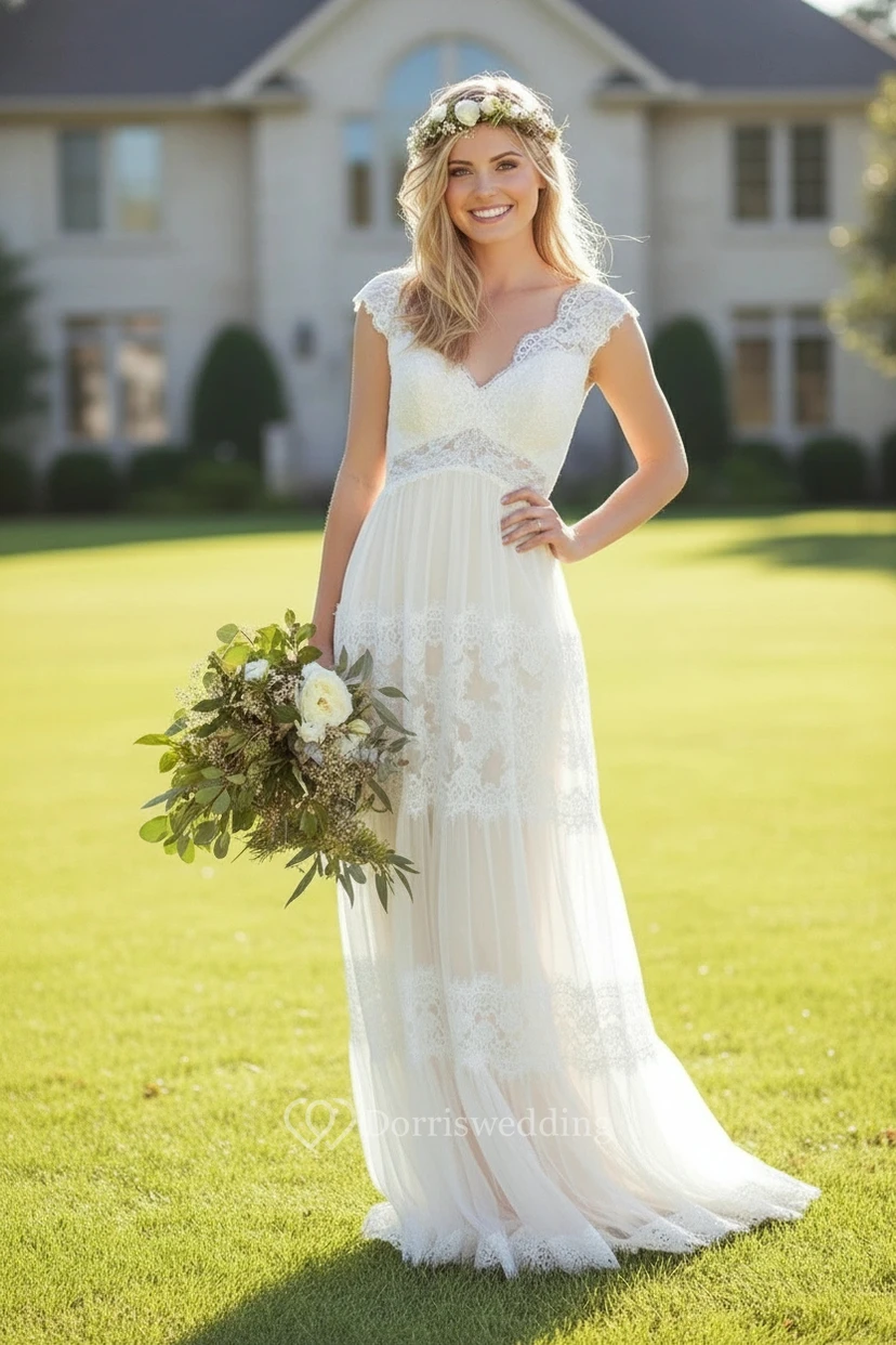 Vestido romántico con mangas cortas y apliques de encaje