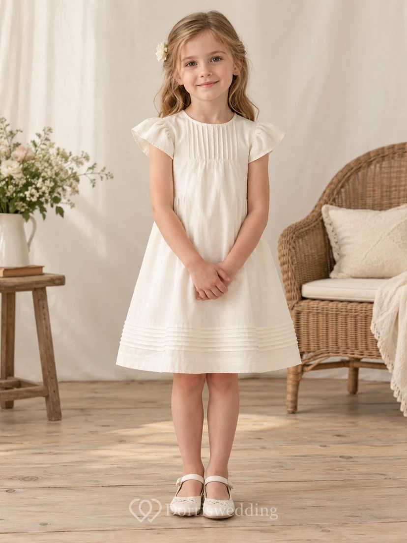 Simple Cream Knee-length Jewel Short Flutter Sleeves Pintucked-bodice Empire Button-back Flower Girl Dress