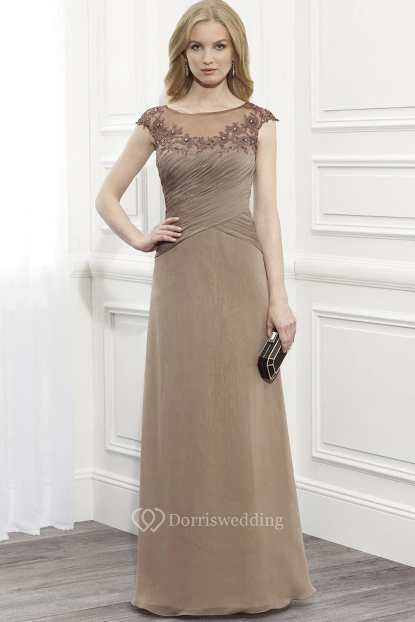 A-Line Long Appliqued Scoop Cap-Sleeve Chiffon Formal Dress With Illusion Back And Ruching