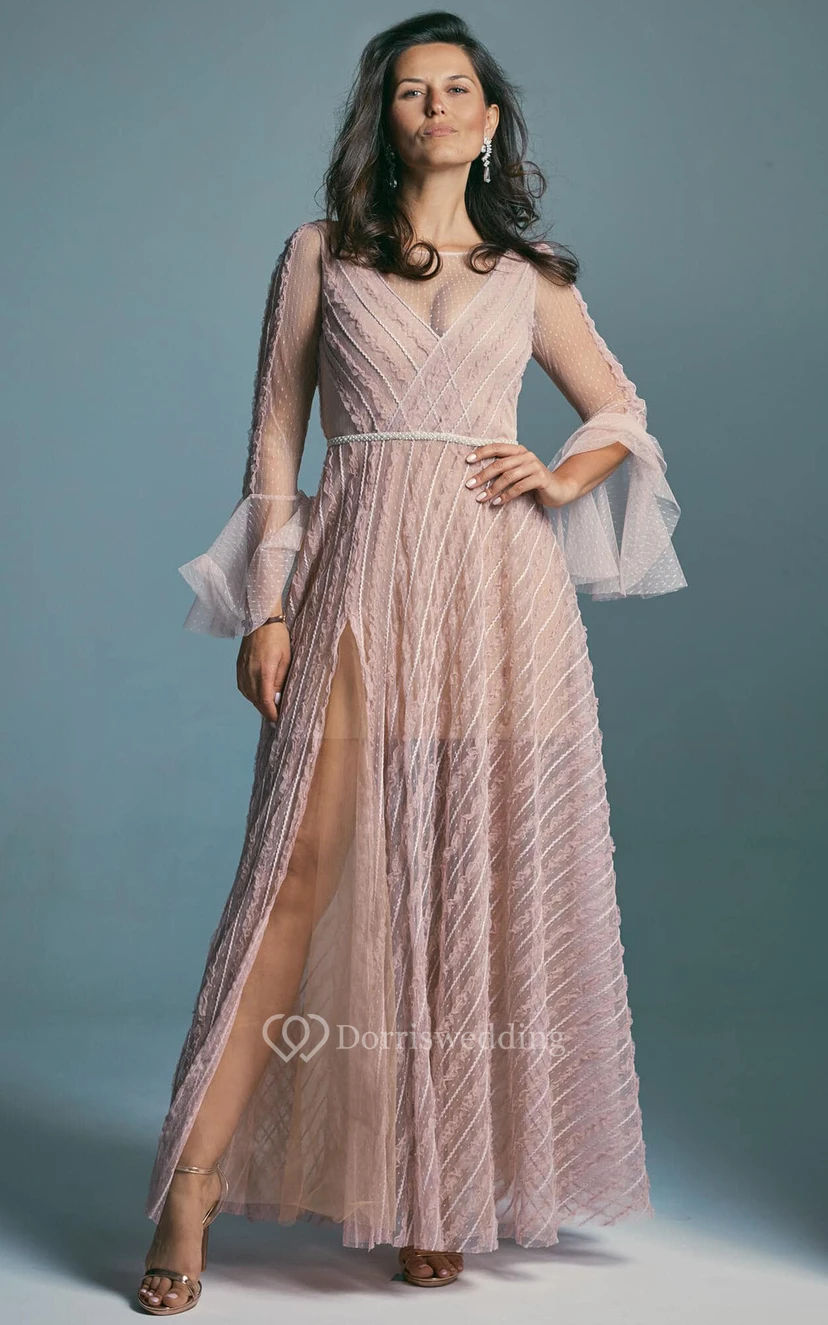 Blush Illusion Long Sleeve Tulle Front Split Bateau-neck Backless Wedding Dress