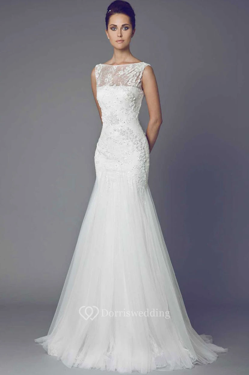 Bateau Floor-Length Appliqued Tulle Wedding Dress With Brush Train And V Back