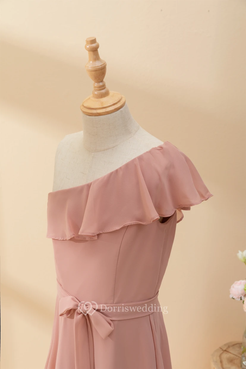 One-shoulder Asymmetrical Chiffon Pleated Floor-length Flowergirl Dress view 8