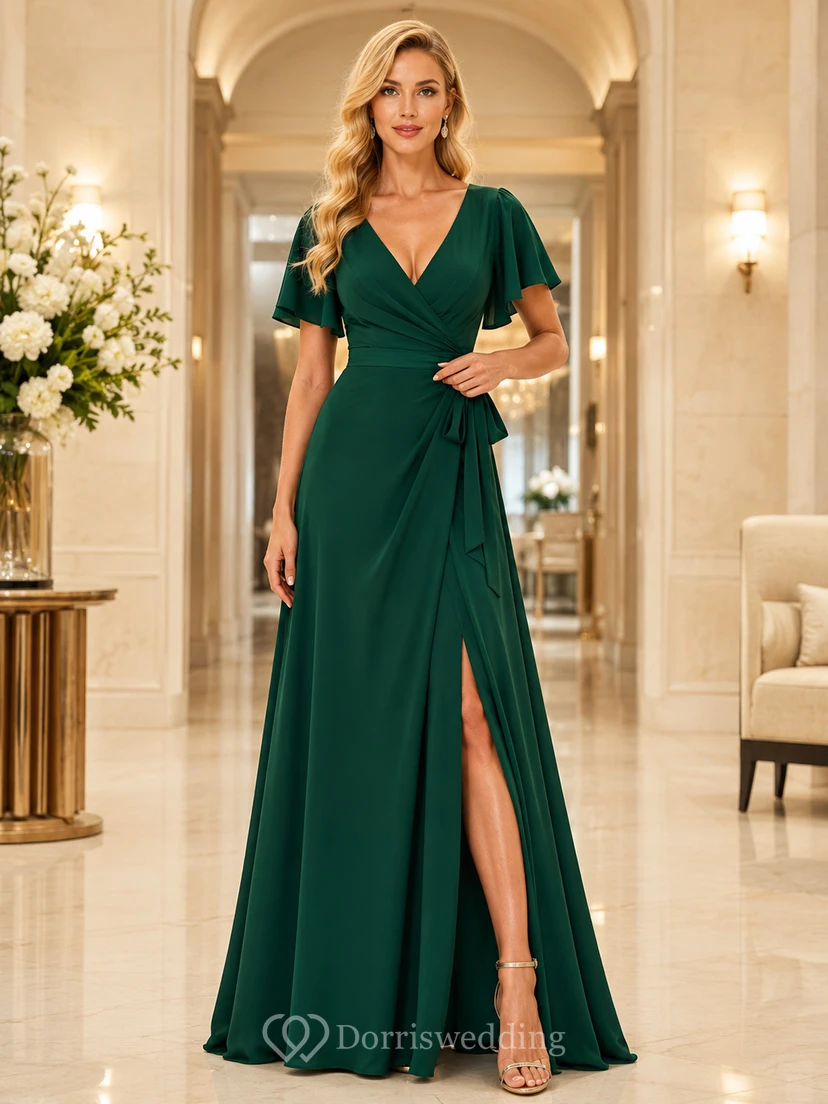 Dunkelgrünes Wickelkleid aus Chiffon mit V-Ausschnitt und Schlitz