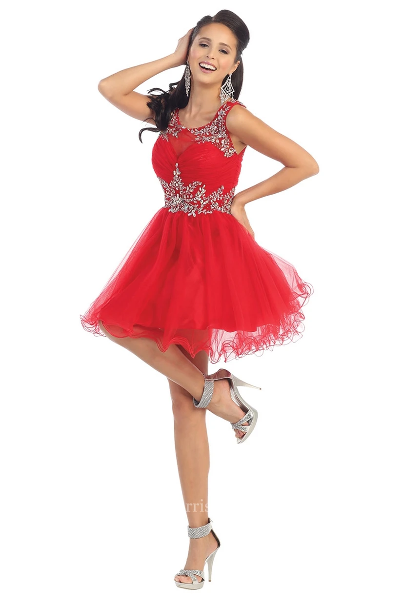 A-Line Short Square-Neck Sleeveless Tulle Keyhole Dress With Ruffles And Beading