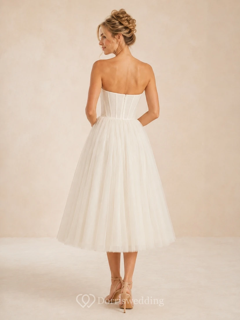 Strapless Sweetheart Tulle A-Line Tea-length Simple Elegant Bridal Dress view 2