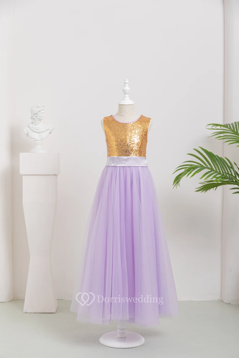 Two-Tone Scoop-neck Empire Tulle A-line Flowergirl Dress with Bow view 9