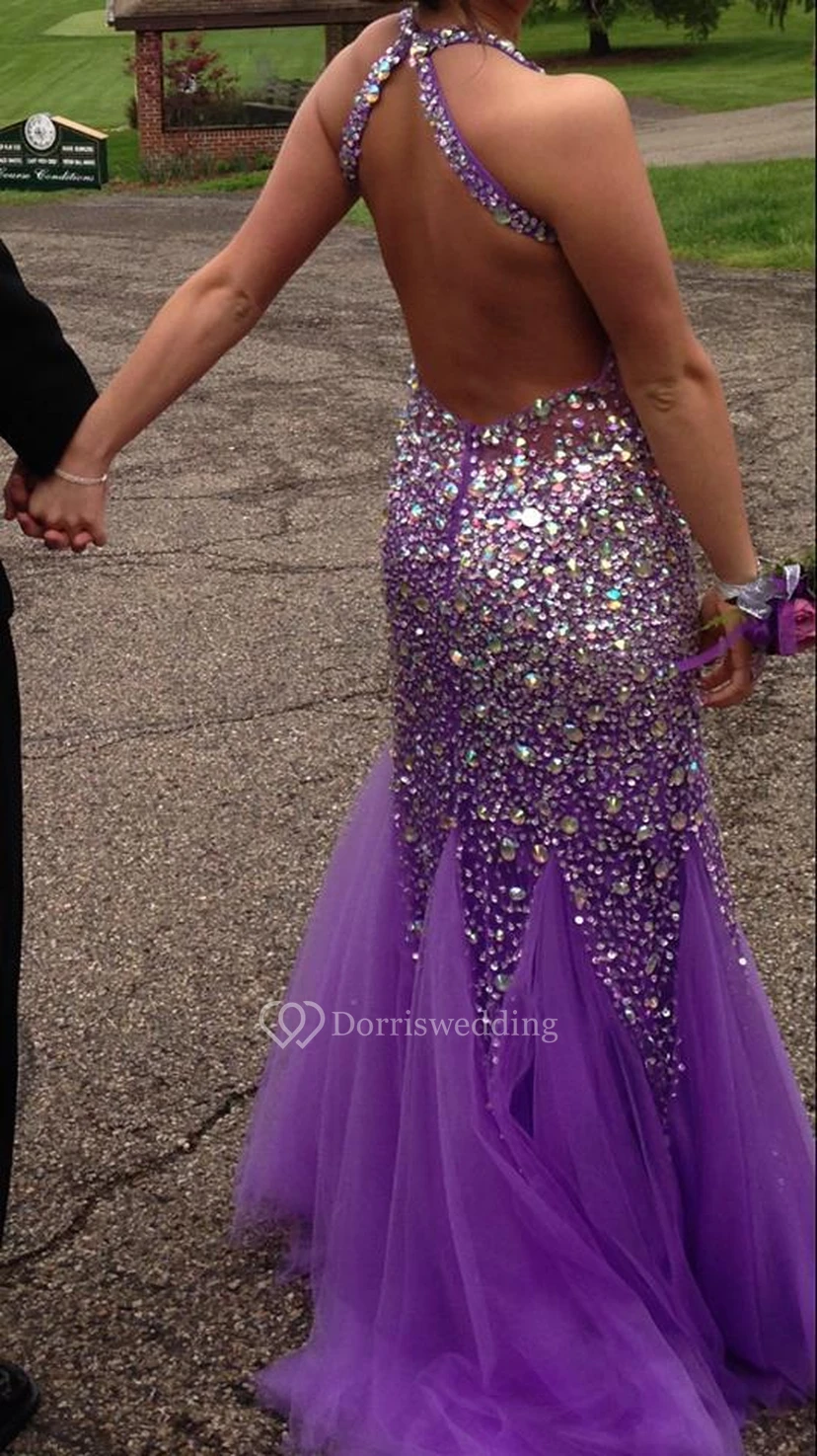 Luxurious Crystals Sequins Mermaid Evening Dress Halter Sweep Train view 2