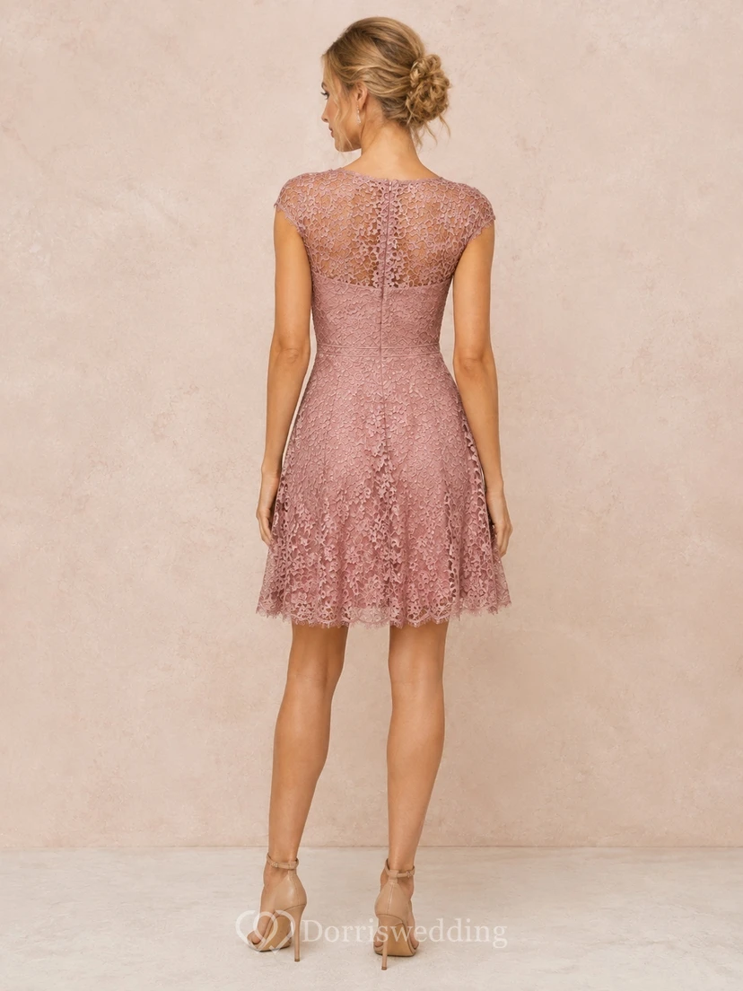 Mini-Abendkleid in Altrosa mit Schmuckkragen, kurzen Ärmeln, Glitzertüll und Spitze in A-Linie view 2
