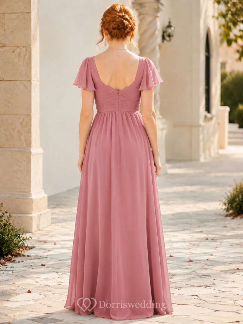 Rose flutter sleeve V neck chiffon A-line gown view 2