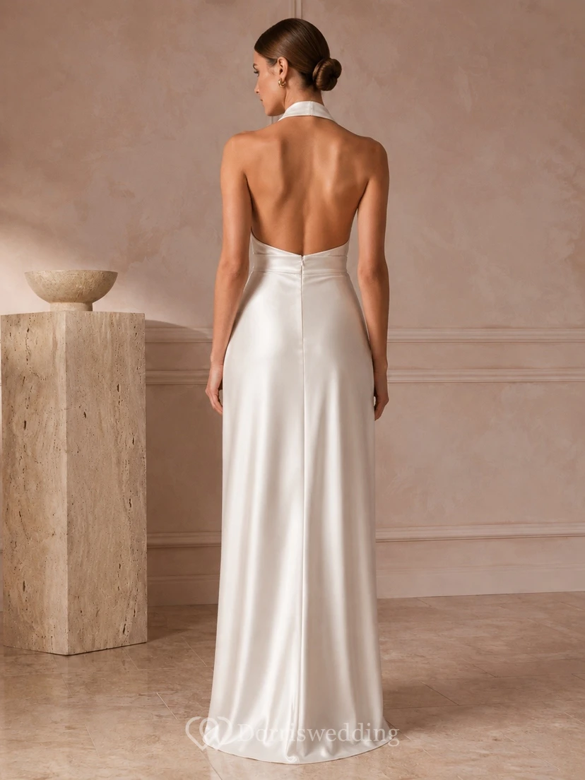 Ivory Cowl Neck Backless Satin Gown Classic Occasion view 2