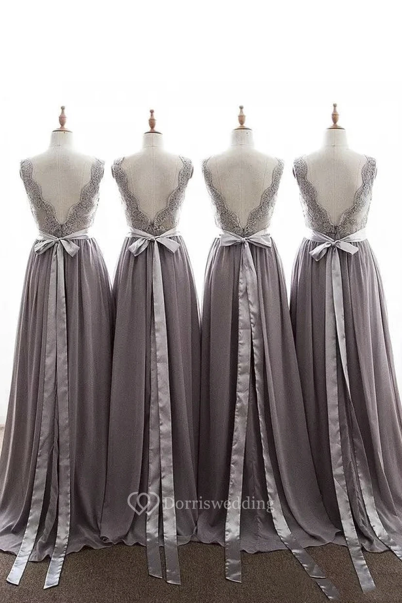 V-neck Sleeveless Floor-length Chiffon Lace A-Line Dress view 2
