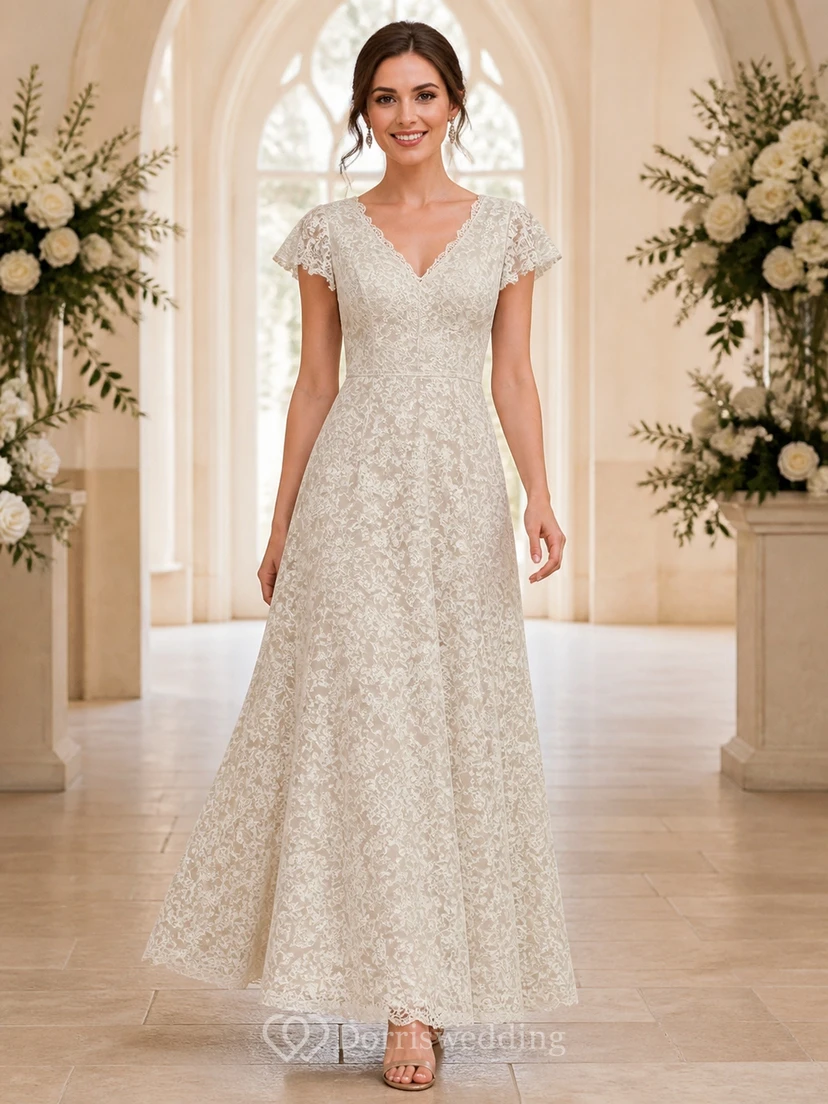 Vestido de novia de talla grande con escote en V discreto, encaje fino y mangas cortas, corte en A