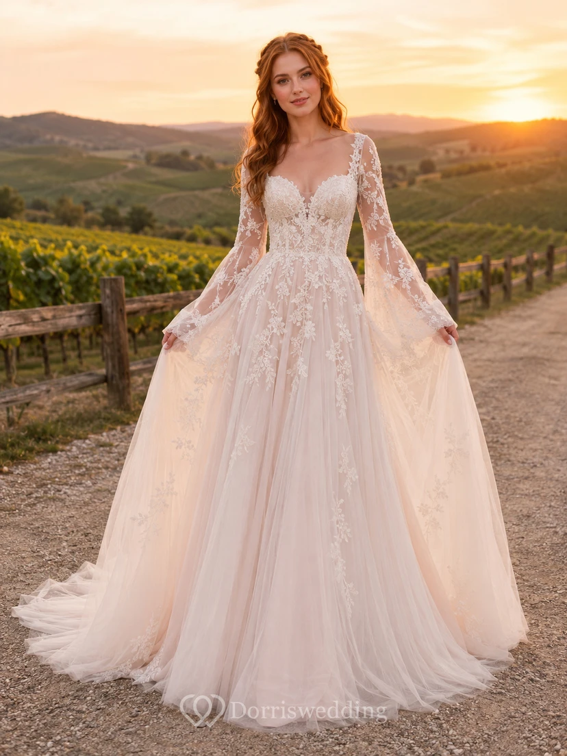 V Neck Embroidered Sleeve Sunset Vineyard Bridal Gown