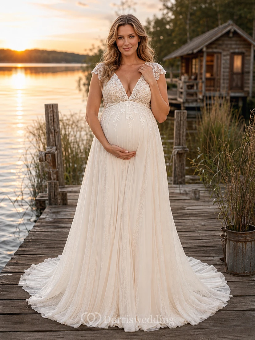 Maternity Cap Sleeve V-Neck Empire Lake Wedding Dress