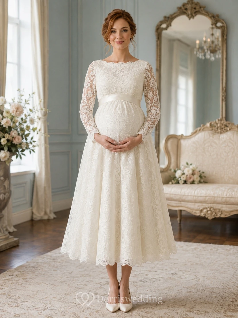 Vestido de novia de corte A, largo midi, manga larga, encaje ilusión y escote joya