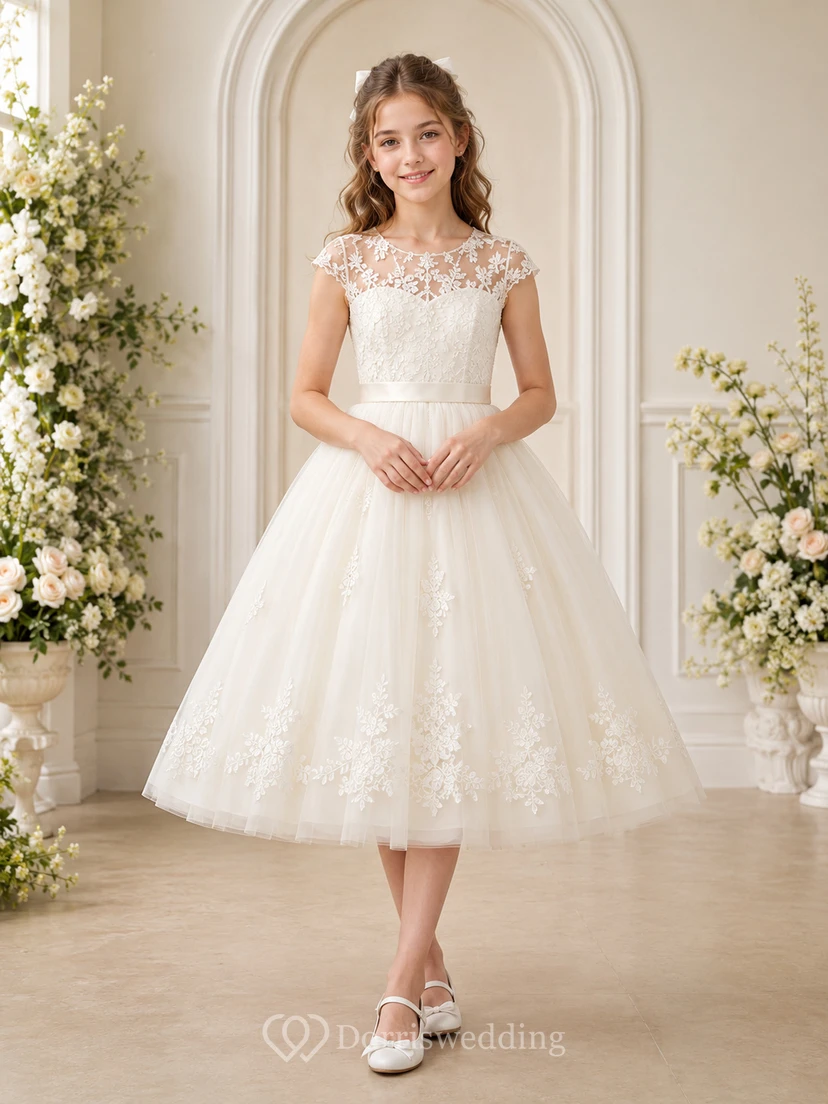 Lace Cap Sleeve Tulle Tea-Length A-Line Floral Garden Flower Girl Dress