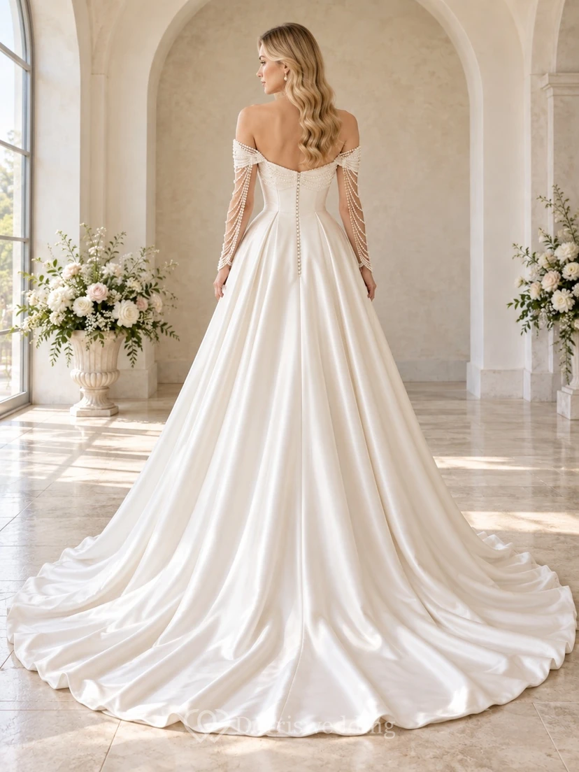 Romantic Long Sleeve Off Shoulder Sweetheart Beaded Satin A-Line Floor Length Wedding Dress view 2