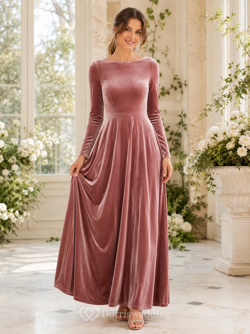 Long Sleeve Cowl Neck A Line Velvet Dusty Rose Romantic Dress