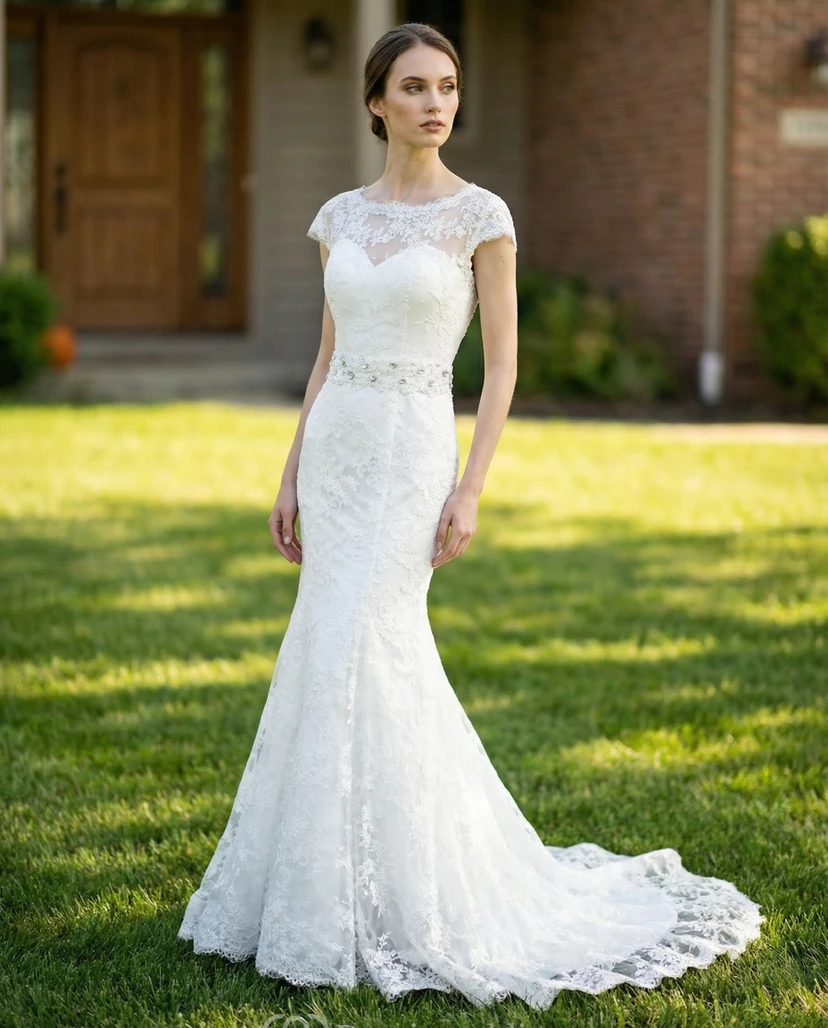 Vestido modesto de corte recto con escote barco y cintura abalorio.