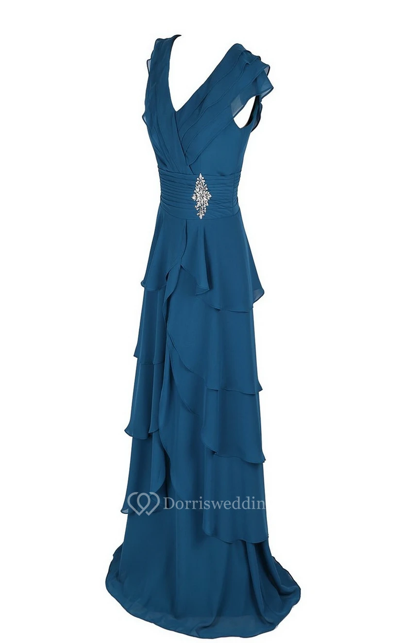 V-neck Tiered Chiffon A-line Gown With Crystal Detail view 3