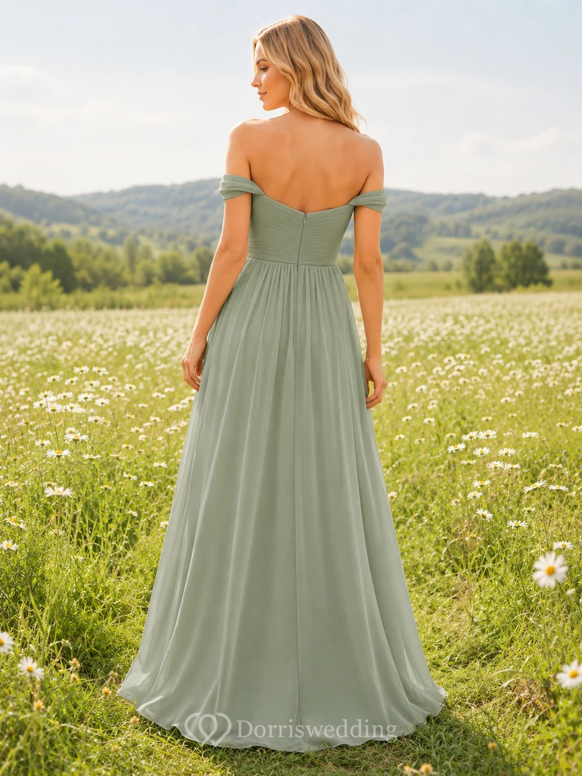 Sage Chiffon A-Line Off-Shoulder Sweetheart Short Sleeve Pleated Zip Back Floor-Length Bridesmaid Dress view 2