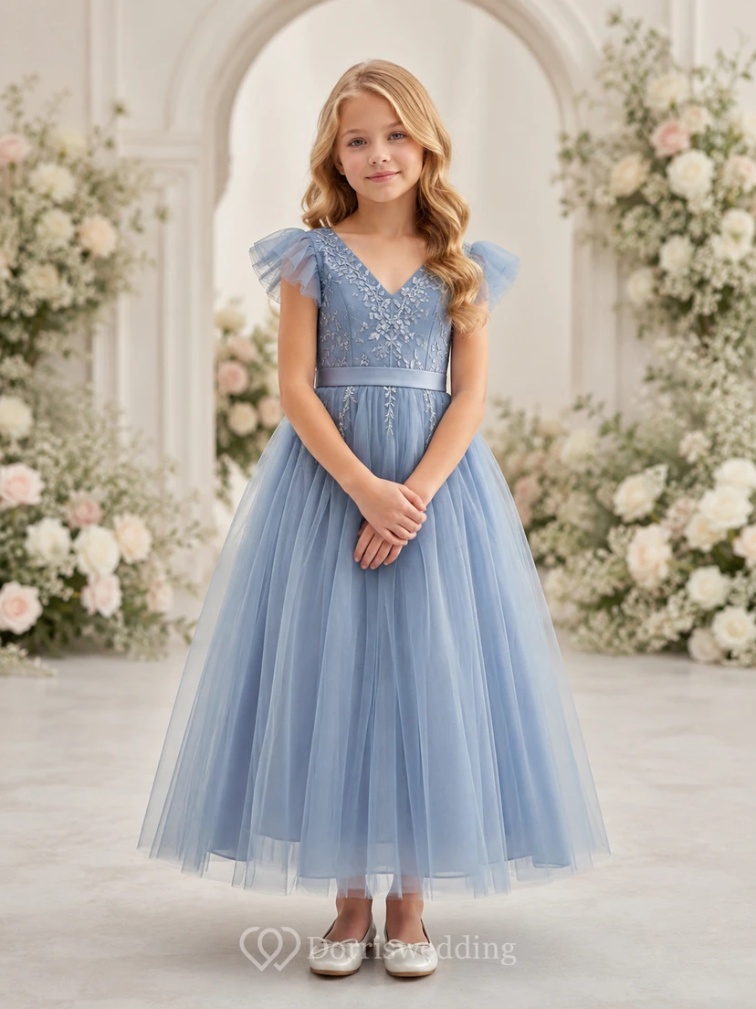 Vestido de niña de las flores, azul acero, encaje, tul, corte en A, mangas con volantes, escote en V, largo midi, detalle de lazo